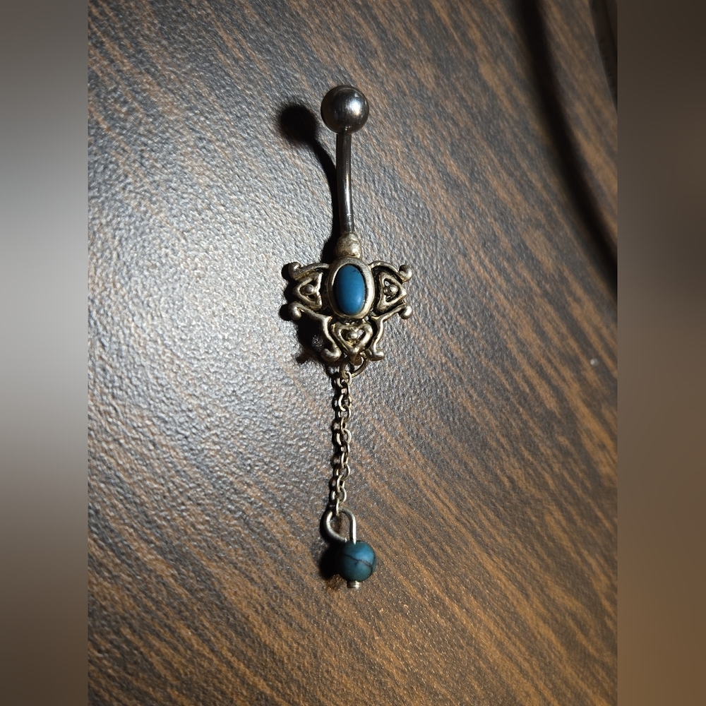 316L Stainless & Sterling Silver Belly Bar With Blue/Green Stone & Bead